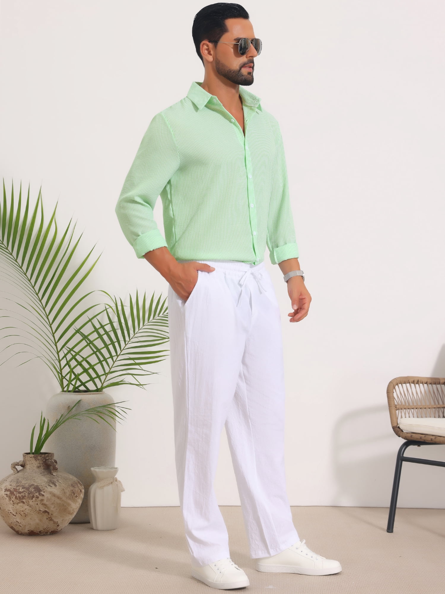 DARING DIVA Men's Seersucker Long Sleeve Button Down Textured Striped Shirts XL Green