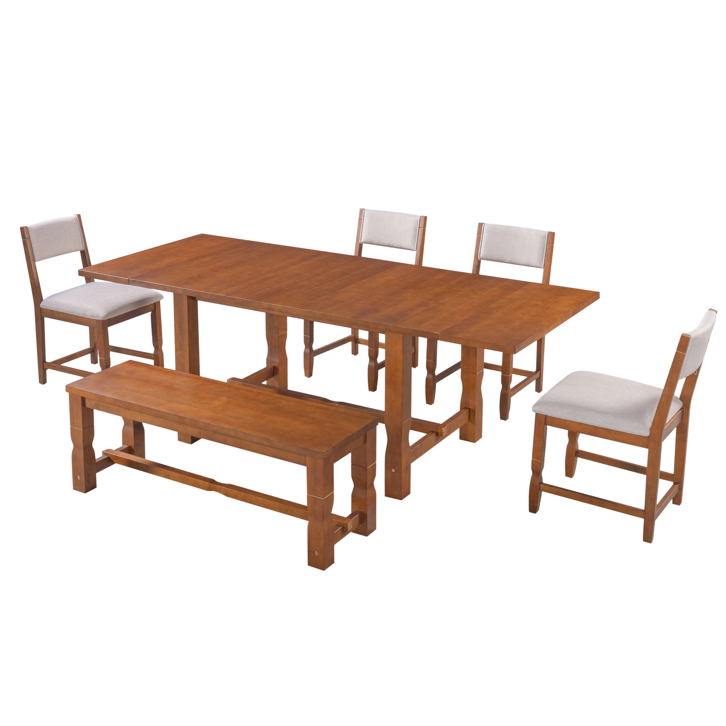 Mintazer 6 Piece Extendable Dining Table Set with 4 Upholstered Dining Chairs & Bench, 84 Inch Rectangular Farmhouse Dinner Table with 2 Removable Leaves for Kitchen Dining Room Apartment, Brown