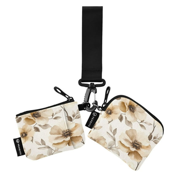 Portable Coin Purse Two 4.13x4.13 Iinches 4.13x3.5 Inches Wrist Coin Purse Keys Coin Purse Portable Women's Purse Cream Flowers