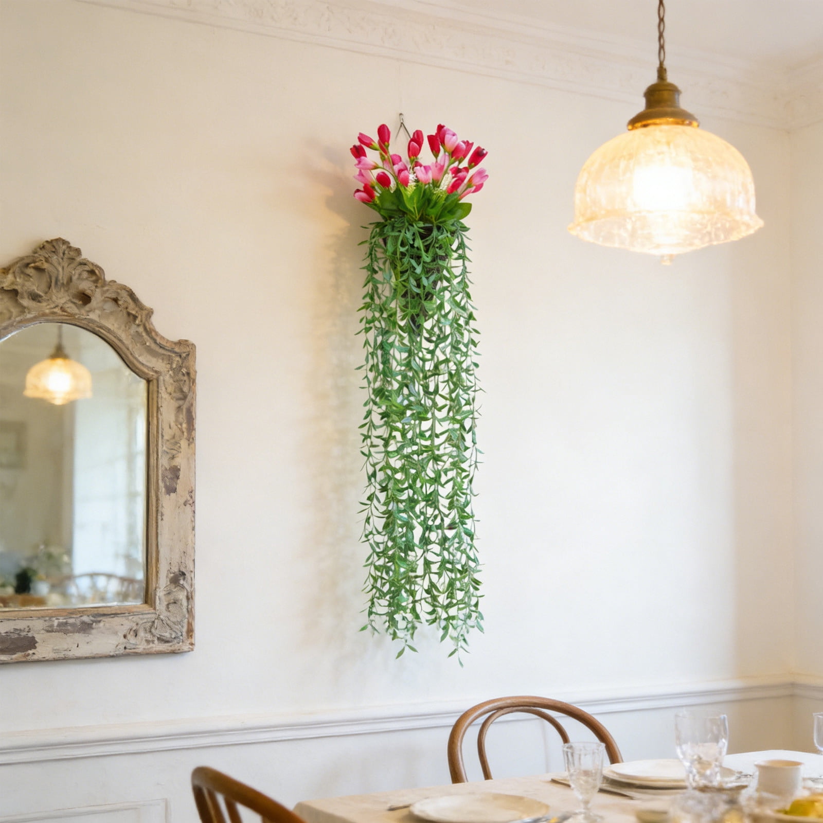 Votnto 9.84×39.37IN Artificial Tulip Hanging Planter, Faux Green Weeping Vine with Tulip Blooms for Wedding Wall Home Decor