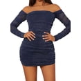 thumbnail image 2 of Liacowi Women Long Sleeve Off-shoulder Dress Solid Color Backless Ruched Bodycon Party Dress for Beach Club Streetwear, 2 of 7