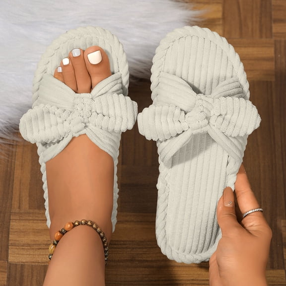 Norvail Womens Cute Corduroy Bow Detail Open Toe Slide Slippers Cozy Soft Anti Skid Sole Indoor Outdoor Comfortable Spa Birthday Gift Shoes