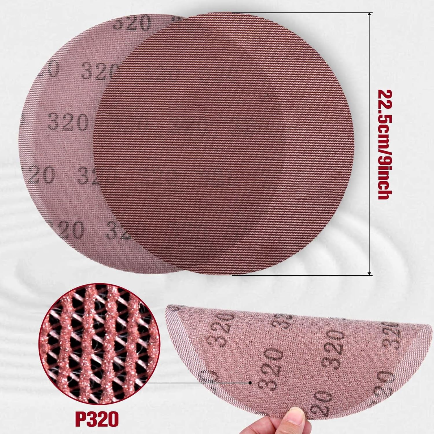 FRKSMD-15 Pack 9 Inch Mesh Abrasive Sanding Discs, 320 Grit Red Net Discs, Dust-Free Hook and Loop Drywall Sandpaper, Drywall Sander Sandpaper for Electric & Pole Sanders,Random Orbital Sander