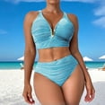 thumbnail image 5 of Levmjia Women's Two Piece Swimsuits Deep V Bikini Set Solid Color Tummy Control High Waisted Ruched Bathing Suits Beach Vacation, 5 of 8