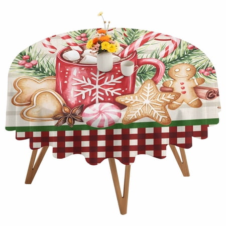 Round Tablecloth Merry Christmas Waterproof Oil Proof Polyester Table Cloth Cover Decor for Home Dining Outdoor Patio Parties 54 Dia. Vintage Christmas Decorations Plaid