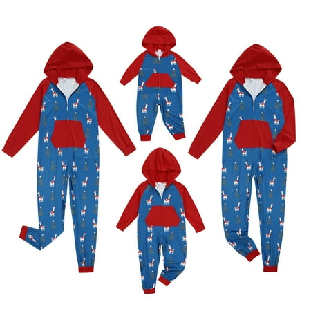 

Musuos Matching Family Christmas Hooded Jumpsuit Cartoon Christmas Printed Zipper One-Piece Pajamas