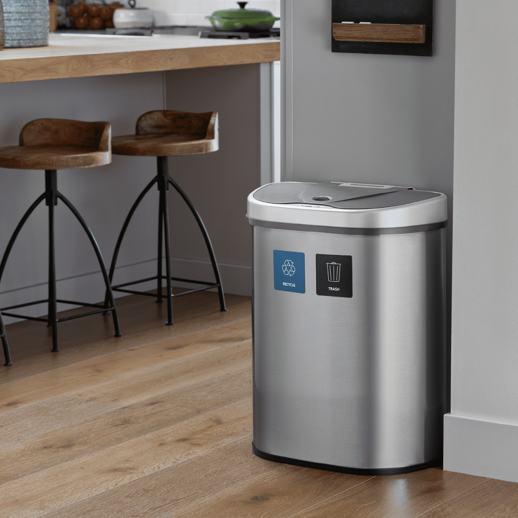 Nine Stars Automatic Kitchen Trash Can, 18 Gallon Stainless Steel Recycle Garbage Bin with Soft Close Lid, Silver