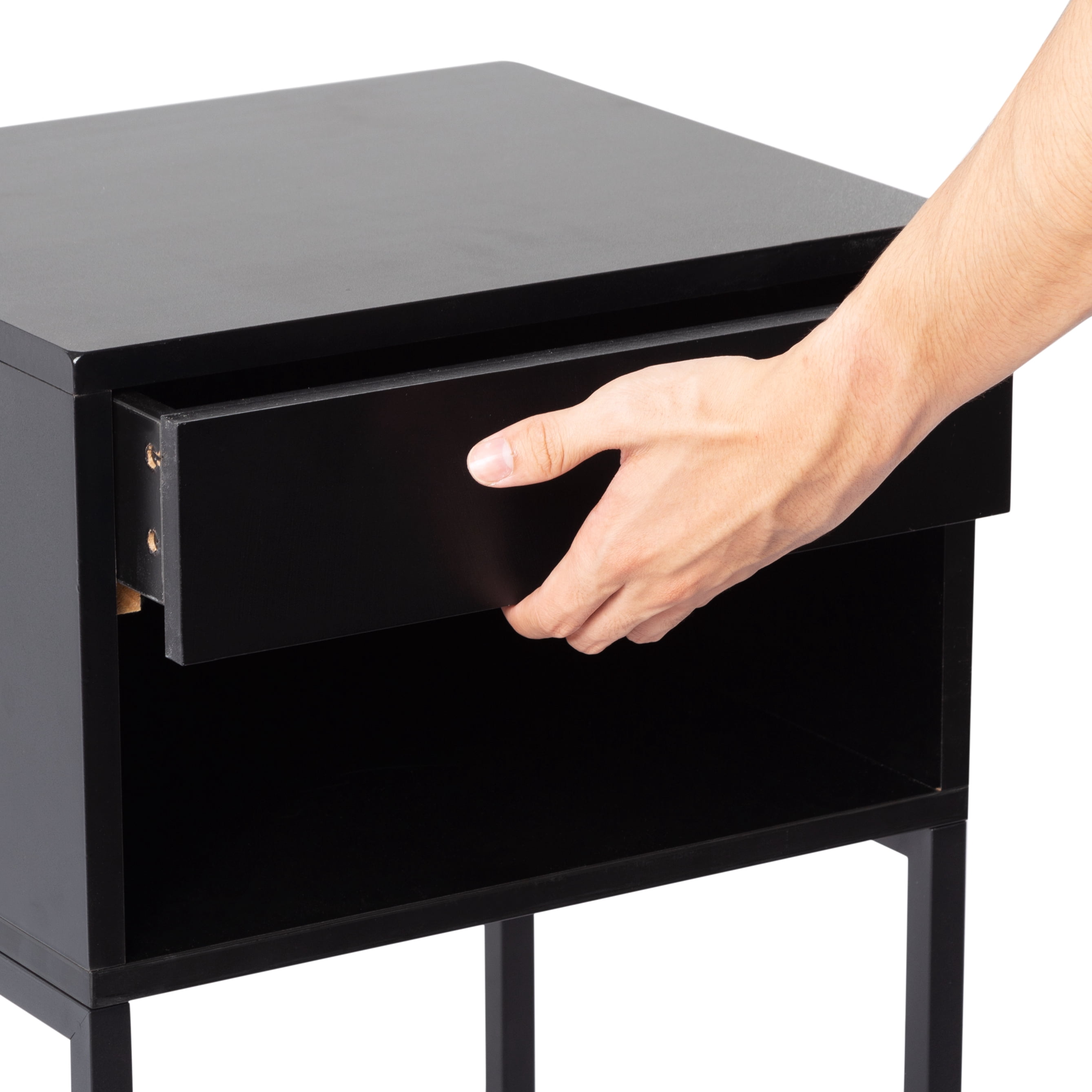 Gewnee 15.91"Small Nightstand with Drawer and Storage Shelf,MDF Wood Side Table with Metal Legs for Small Spaces,End Table for Bedroom,Living Room,Office.Black