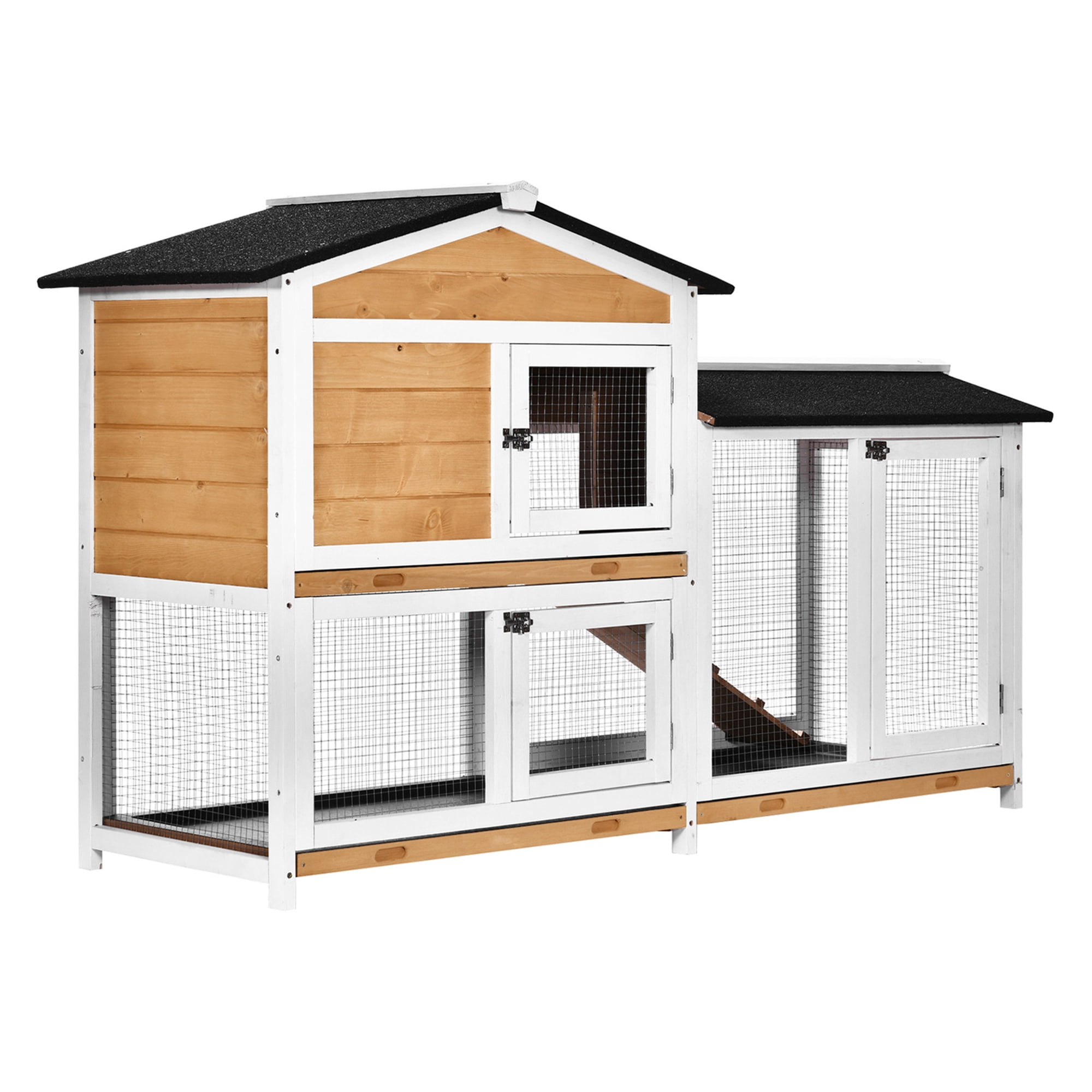 62" Rabbit Hutch, Wooden Bunny Cage, Guinea Pig Habitat, Outdoor Animal Enclosure w/Run, Asphalt Roof, Lockable, Ramp - for Rabbits, Chickens, Ducks