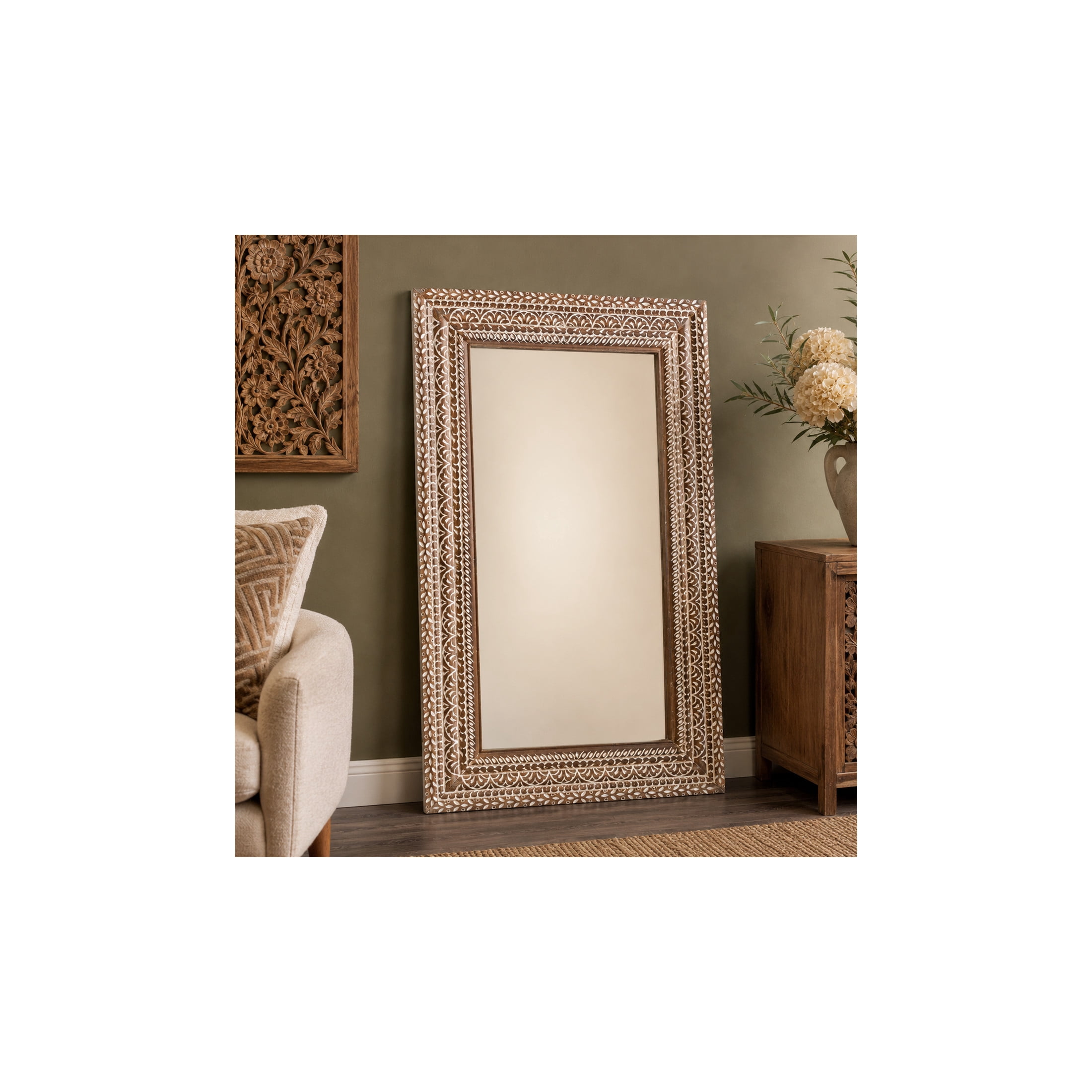DecMode 36" x 59" Brown Floral Wall Mirror with Detailed Cream Carvings