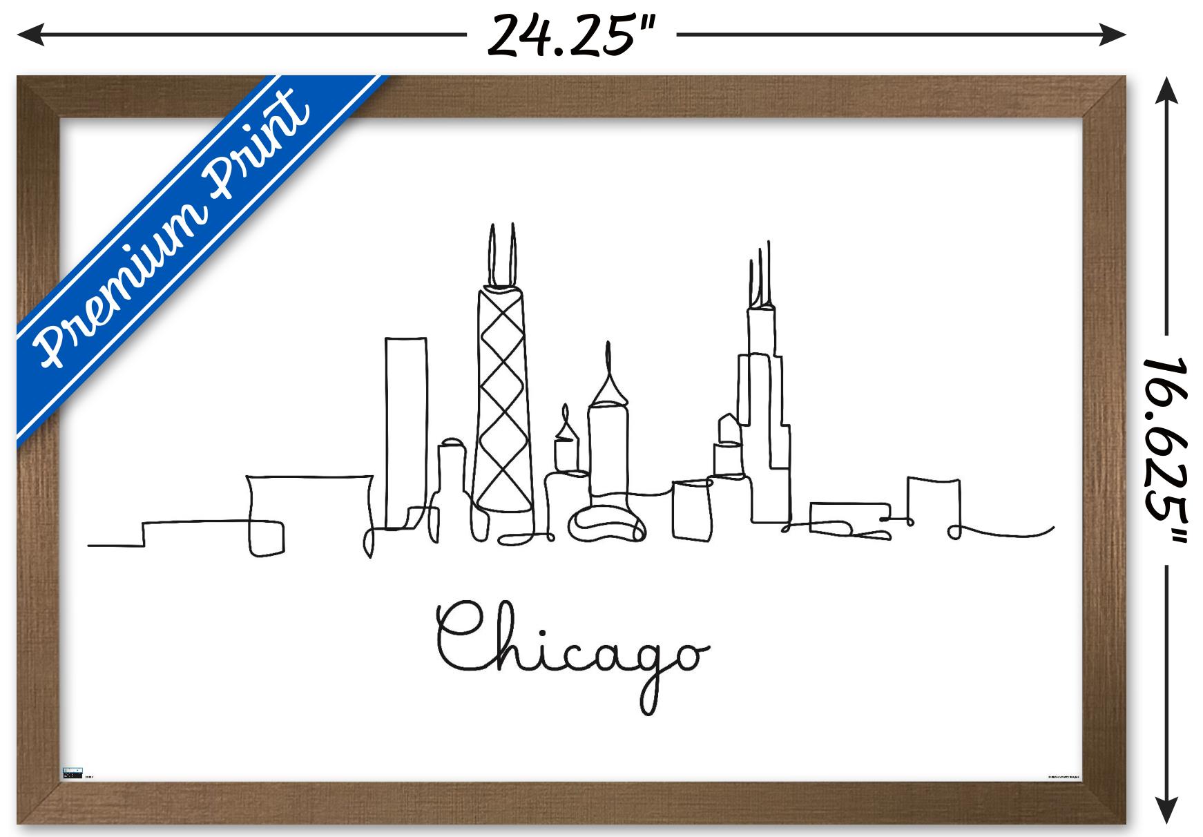 Line Art Skyline - Chicago Wall Poster, 14.725" x 22.375", Framed
