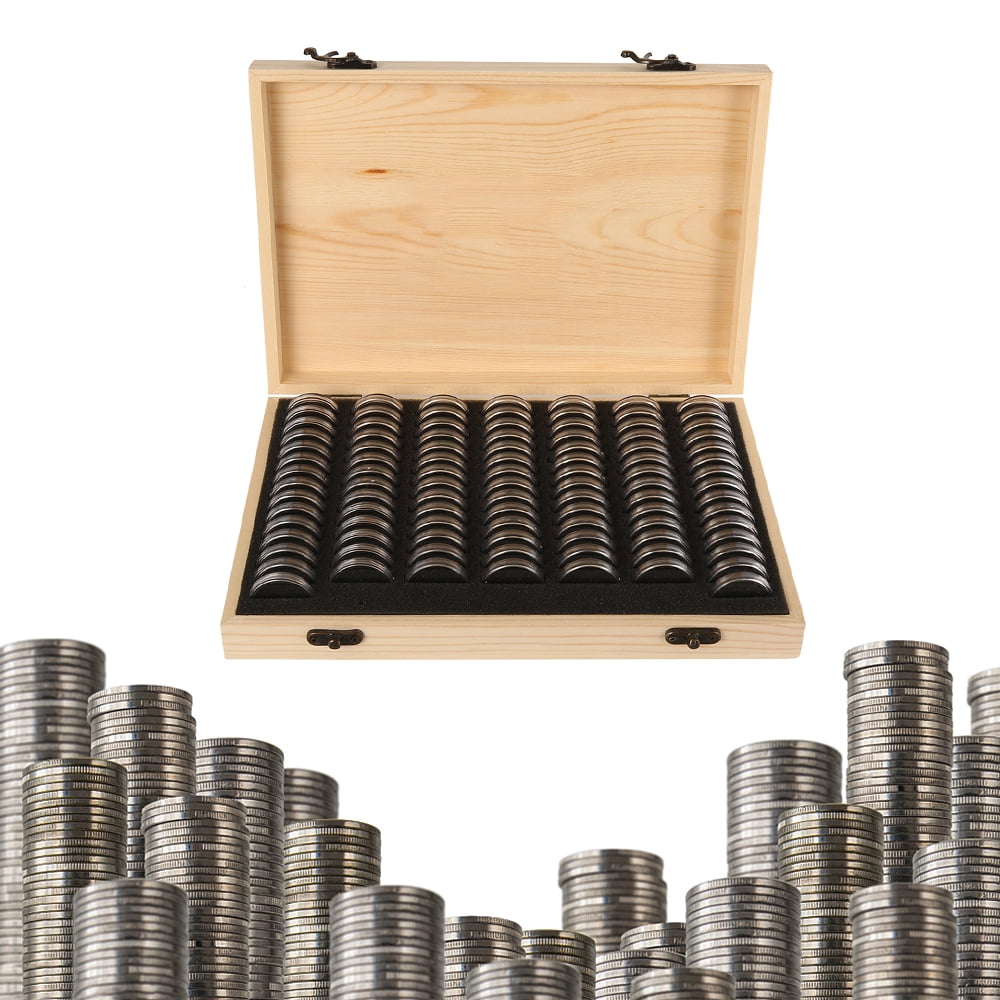 MTFun 100 Pcs Wooden Coins Storage Box Round Coin Capsules Acrylic Plastic Commemorative Coin Holder Coin Display Case Organizer Protection Container for Collectors