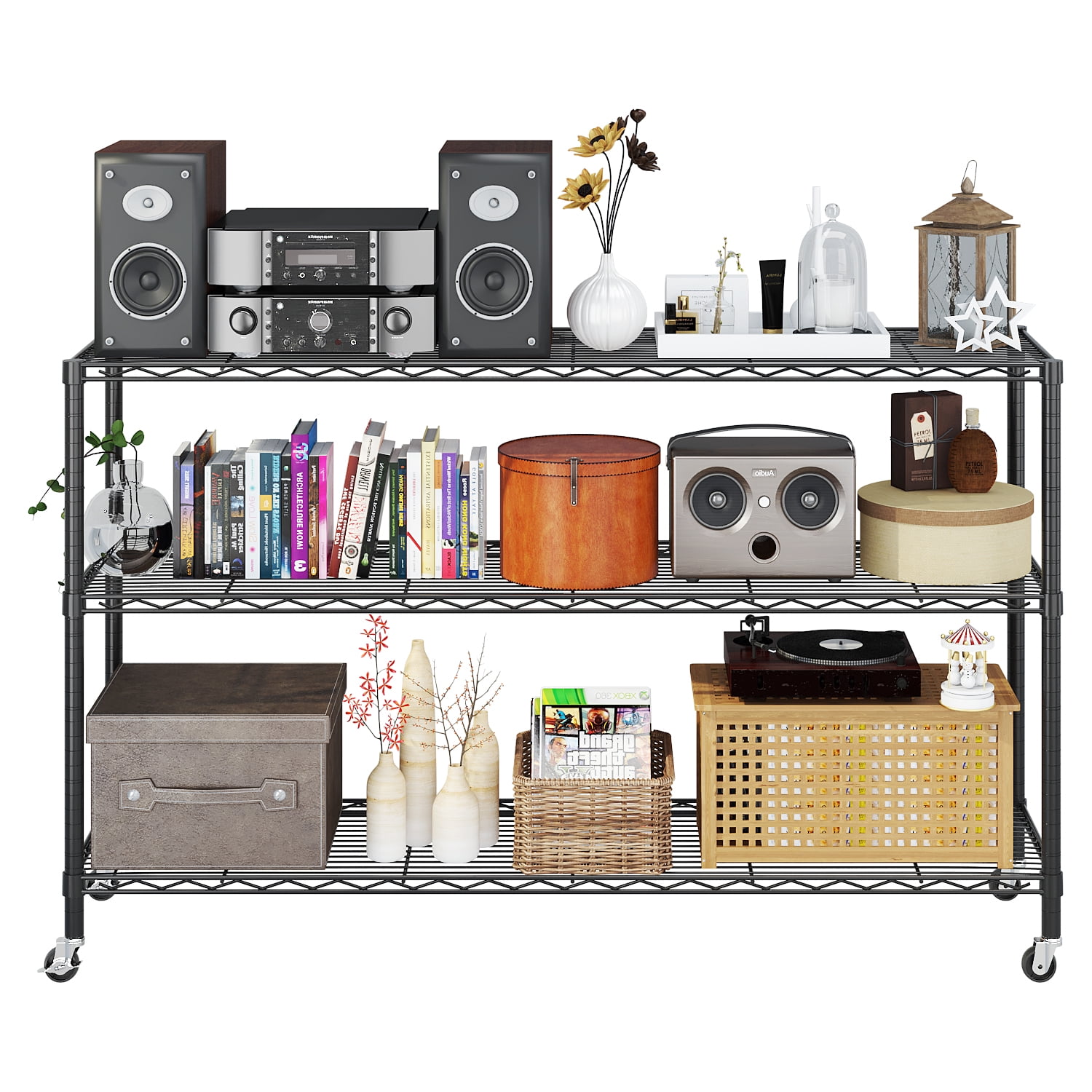 Ktaxon 3-Tier Heavy Duty Wire Shelf Rack with Wheels, 46" W x 18" D x 41" H 2000 LBS Storage Shelving Unit, Adjustable Black