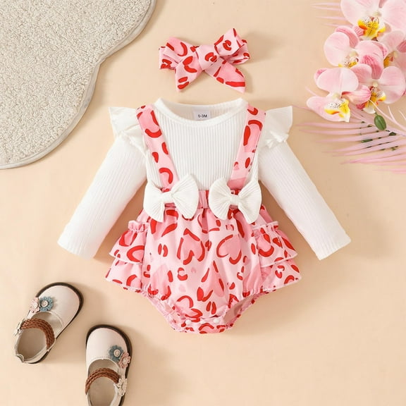 Delliss Newborn Baby Girls Tutu Princess Ruffle Long Sleeve Romper Bodysuit with Heart Print with Bow Headband