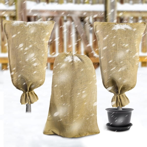 Ebaokuup 3 Pack 40" x 24" Burlap Winter Plant Cover Bags- Reusable Burlap Frost Cloth Plant Freeze Protection- Warm Burlap Sacks Plant Frost Blankets with Twine for Outdoor Garden Trees Potted Plants