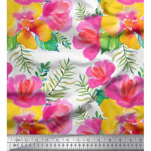 Soimoi White Silk Fabric Flower Floral Print Fabric by Yard 44 Inch Wide