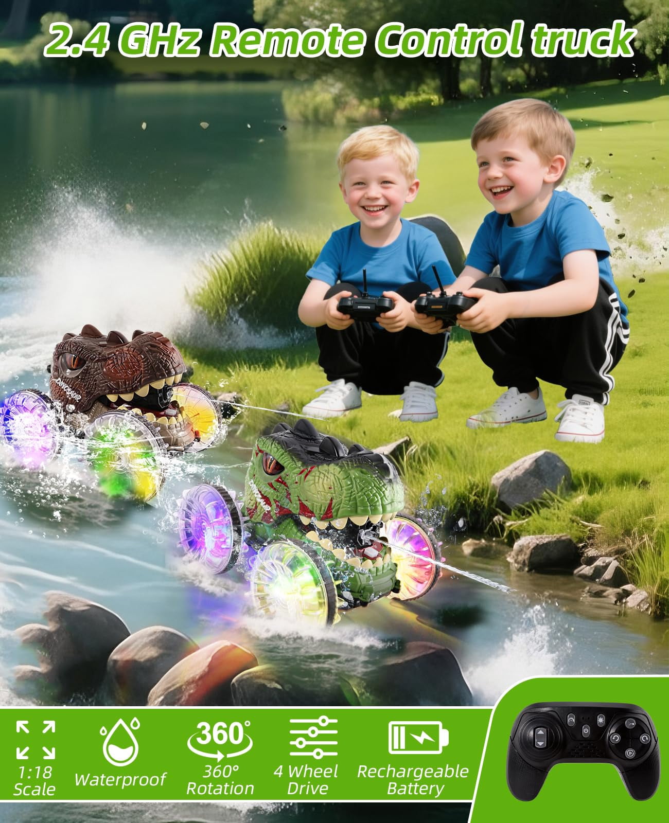 JoyStone Dinosaur Amphibious Remote Control Car for Water & Land with Water Machine, RC Monster Truck Toys with LED Lights, 360° Spins and Drifting for Boys Girls, Green