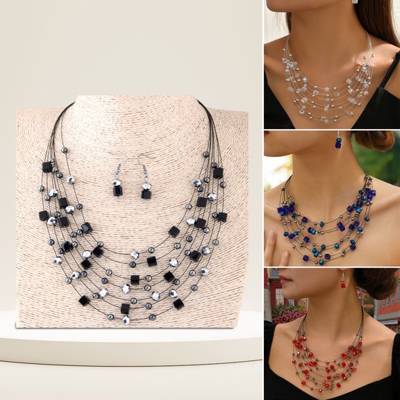 Eosunjian 2Pcs/Set Exaggerated Bohemian Ethnic Style Necklace Earring Set Artificial Crystal Beaded Multi-layered Necklace Hook Earrings Set Jewelry Gift Black