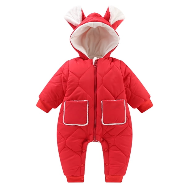 Gibobby Chamarra de forro polar para niños y niñasRecién nacido bebé niñas niños invierno cálido traje de nieve orejas con capucha mono abajo abrigo acol(Rojo, 12-18 Meses)