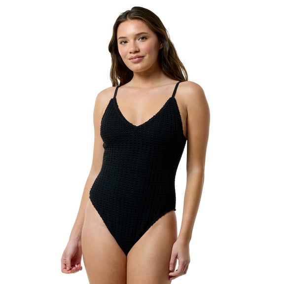 No Boundaries Women's Treasure Hunt Crochet Plunging High Leg One Piece, Sizes XXS-XXL