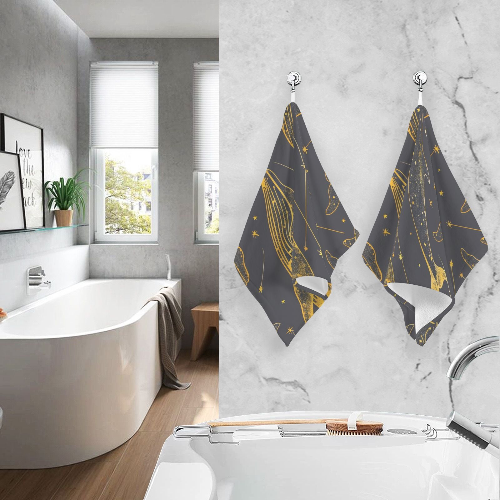 Gold Line Whale Hand Towels Cotton Bath Towels Large Face Towels Absorbent for Bathroom 2 Packs