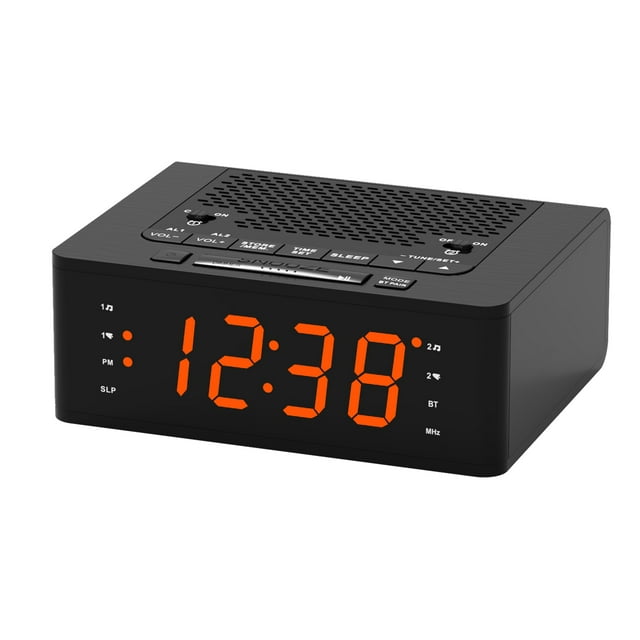 Alarm Clock for Bedroom with FM Radio, Bluetooth, and dimmable LED display by iTOMA. Features a large orange digital time display, dual alarm settings, adjustable volume, and a snooze button. Includes FM radio with sleep timer and Bluetooth connectivity for streaming audio. Compact black design suitable for bedside use, ideal for adults, seniors, and kids. Functions as a speaker dock for home audio.