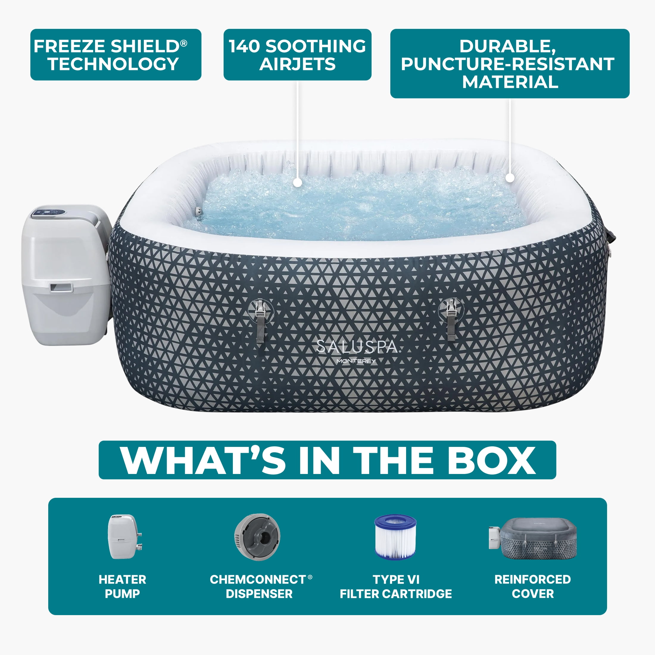 SaluSpa Monterey AirJet Outdoor Inflatable Square Hot Tub 4-6 Person with Pump #P08411