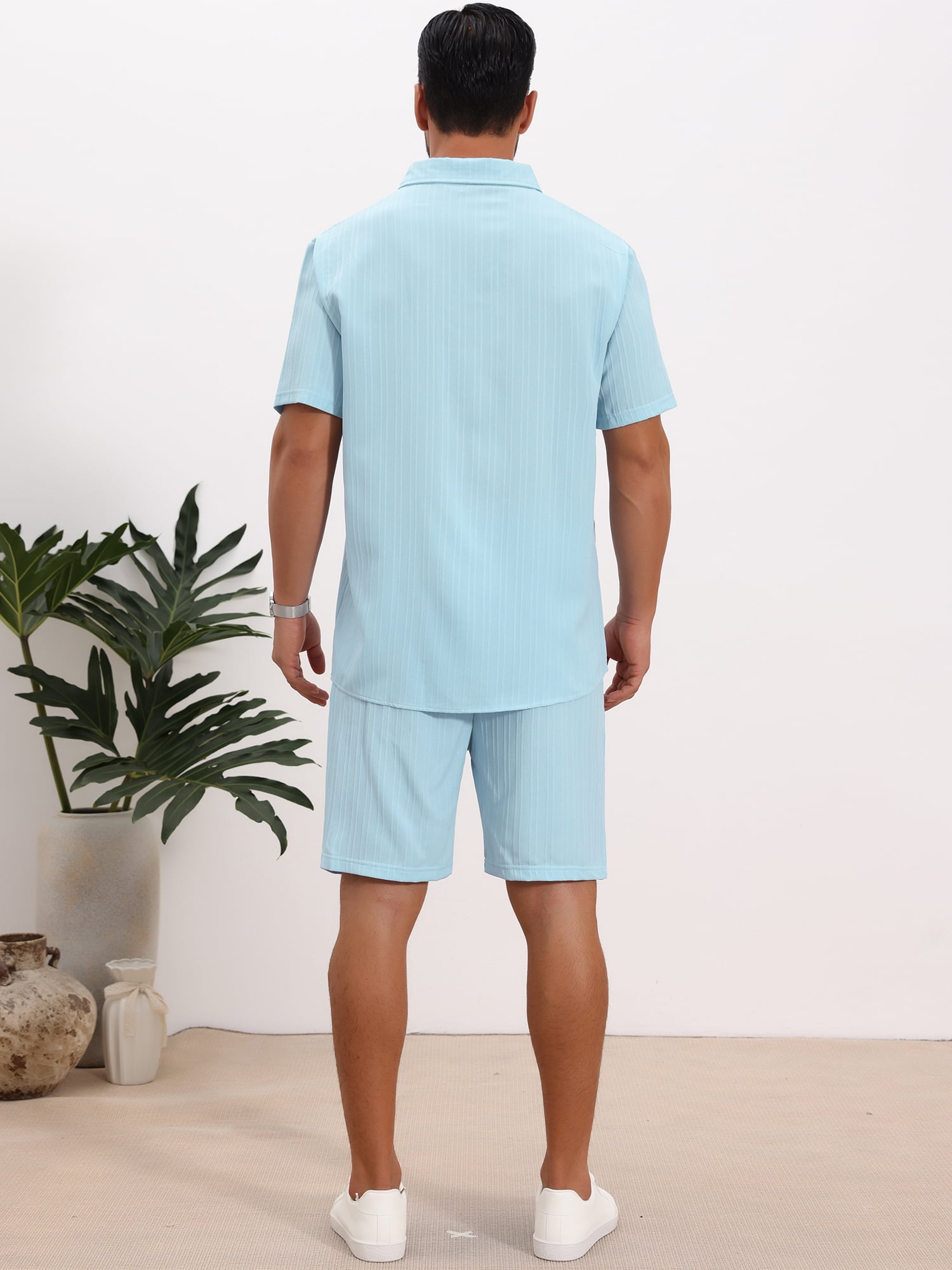 DARING DIVA Men's 2 Pieces Beach Shirt & Shorts Striped Textured Outfits L Light Blue