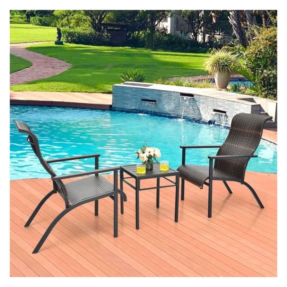Patio Rattan Bistro Set - 3 Piece Outdoor Furniture Set with High Backrest & Armrests - Modern Wicker Chairs & Coffee Table for Porch, Garden, Deck