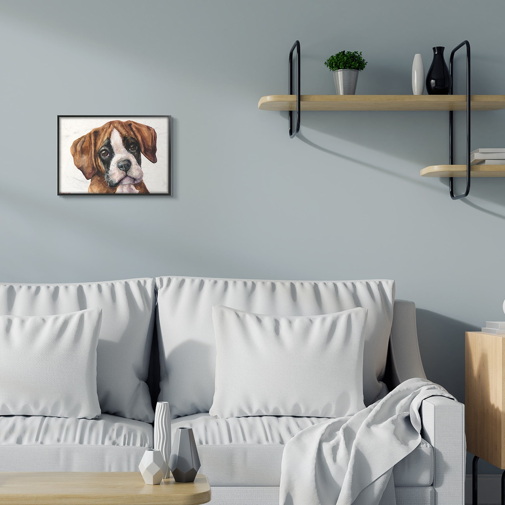 Stupell Industries Puppy Eyes Boxer Dog Pet Portrait Brown White Grey Framed, 16 x 20, Design by George Dyachenko