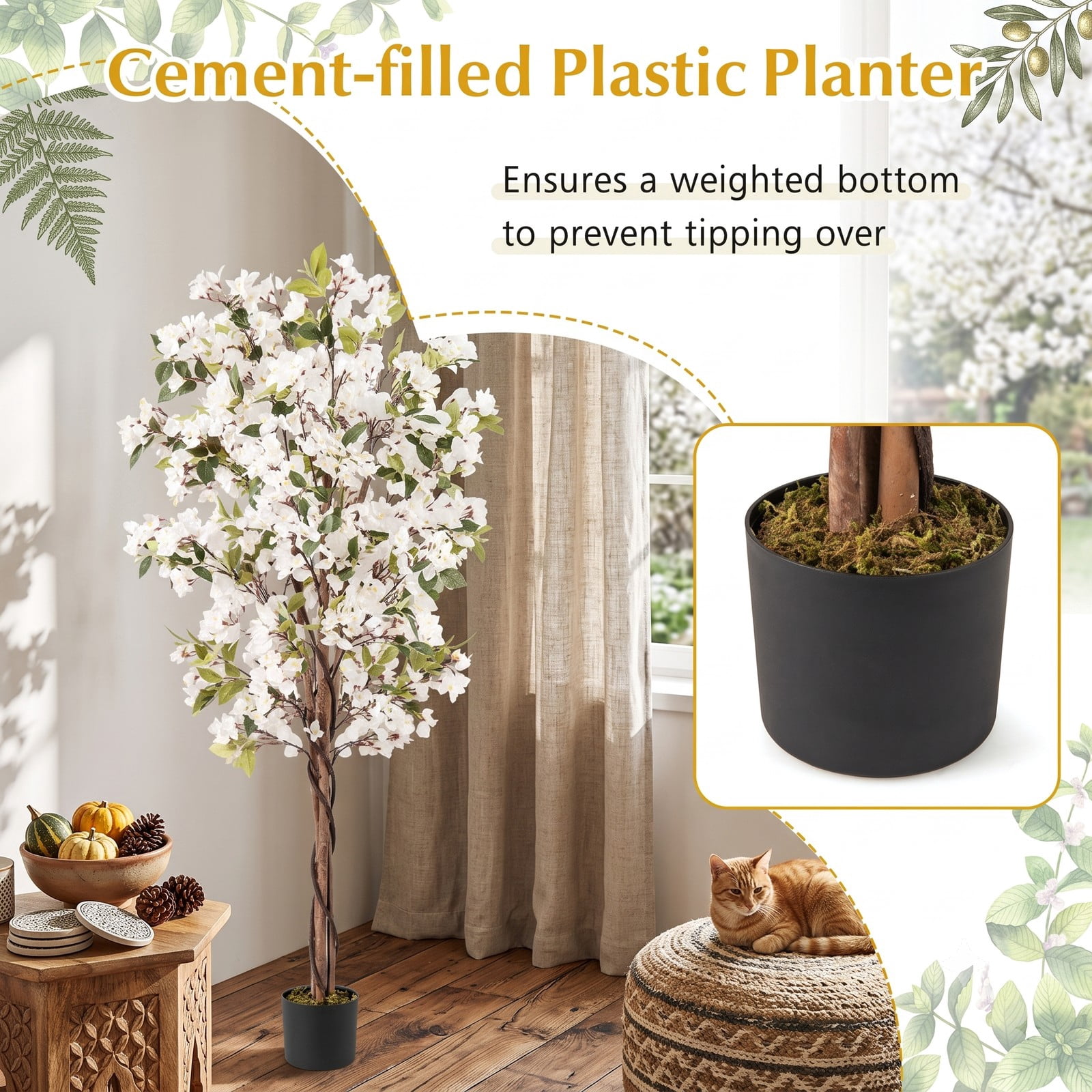 ALPULON 6 FT Artificial Bougainvillea Tree with 910 White Flowers, Faux Silk Flower Tree with Cement-Filled Planter for Indoor Outdoor Home Office Living Room, White