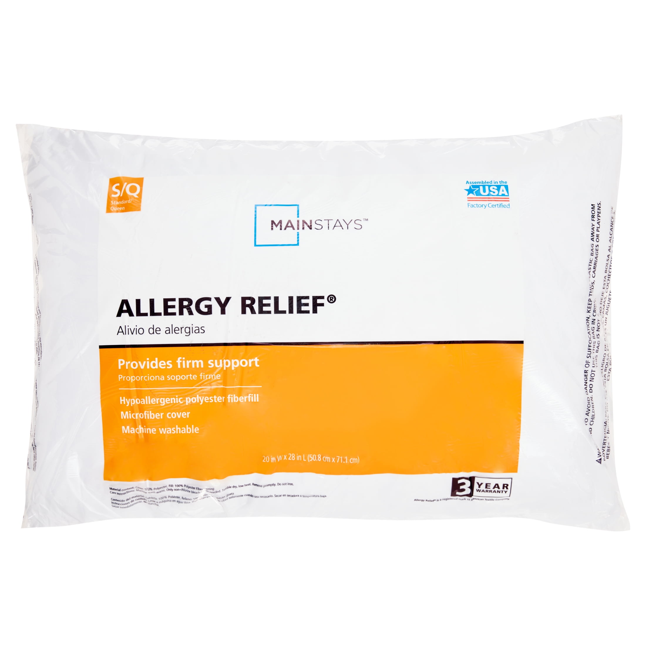 Mainstays Allergy Relief Hypoallergenic Pillow Walmart Com Walmart Com