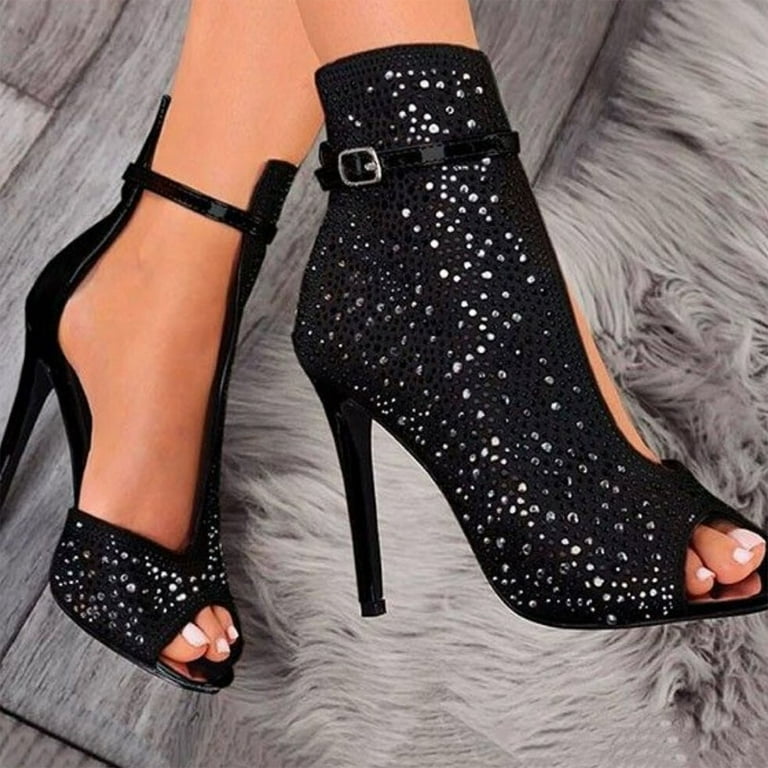 Rhinestones Stiletto Sandals Boots for Women Black Glitter Open