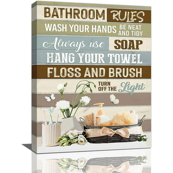 Farmhouse Bathroom Rules Decor Wall Art Rustic Country Flower Funny Bathroom Sign Pictures Wall Decor Canvas Painting Prints Artwork Home Decorations Framed for Bathroom Toilet 12"x16"
