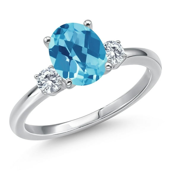 Gem Stone King 14K White Gold Swiss Blue Topaz and Moissanite Engagement Ring for Women | 2.45 Cttw | Oval Checkerboard 9X7MM | Gemstone November Birthstone | Size 9