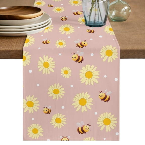 Table Runners 70 Inches Long Dress Scarves, Cute Bees Sunflowers Farmhouse Coffee/Dining/Kitchen Table Decor, Holiday Table Runner, Yellow Floral Pink Farmhouse 13x70 Inch