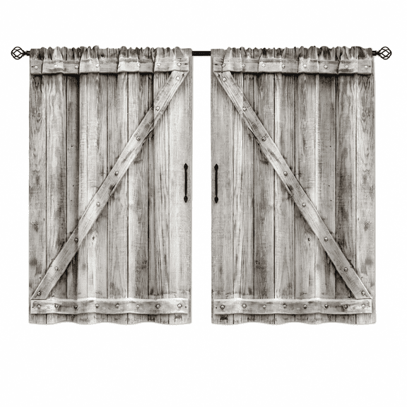 FURMORA Wooden Barn Door Kitchen Curtains - Country Wood Farmhouse Rustic Farm Retro Western Cafe Short Tier Curtains Decor for Living Room Rod Pocket Window Drapes 36" Length 2 Panels 28"x36"