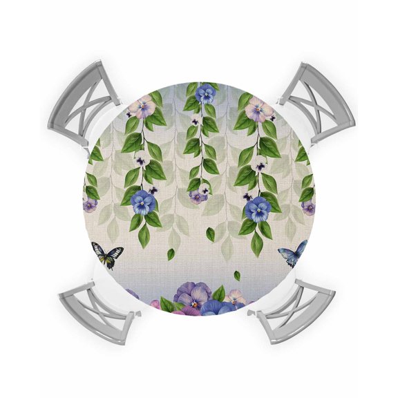 nqOlkjepod Spring Flowers Round Tablecloth, Fitted Table Cover with Elastic for 36"-44" Round Tables, Summer Rustic Botanical Butterfly Burlap Table Cloth Dinning Party Waterproof Tablecloths