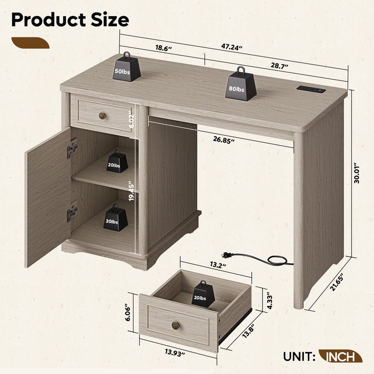 Bestier 47" Computer Desk with Power Outlets, Light Oak photo 6