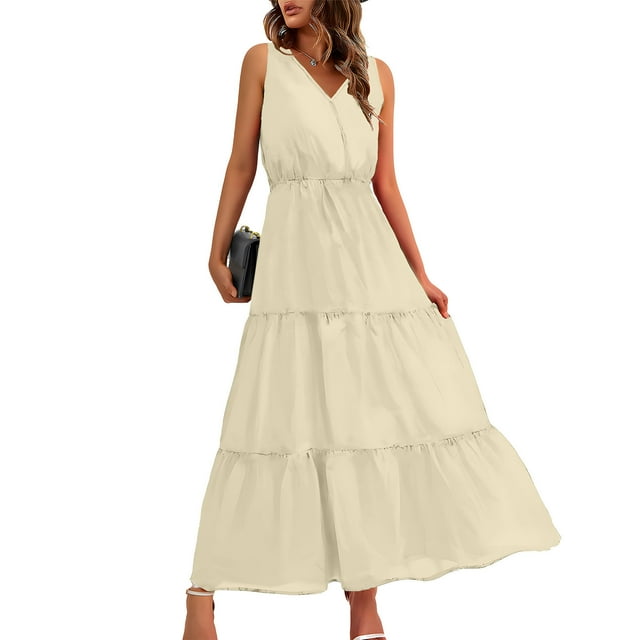 Pisexur Robes pour Femmes Mode Col en V Sans Manches Robe Maxi Taille Haute à Volants Évasée Robe d'Été Décontractée Ample Couleur Unie Robe de Bal Formelle Confortable Fluide Robe Portefeuille pour Plage Vacances