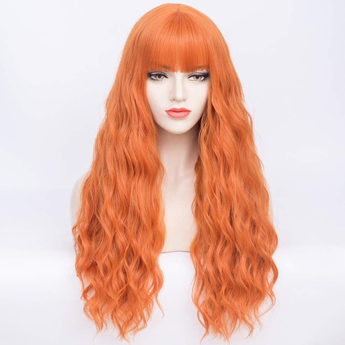 BERON Orange Wig Curly Wavy Wig With Bangs for Women Curly Wavy Synthetic Wigs for Girls Daily Party Use Wig Cap Included
