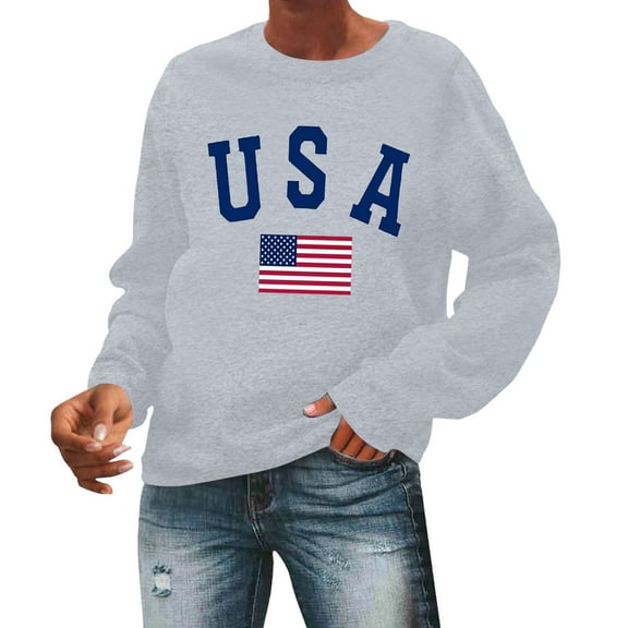 Wang6 Womens Long Sleeve Sweatshirts Crew Neck"USA"Letter Printed Hoodless Pullovers Trendy Loose Fit Graphic Tshirts Tops Light Gray XL
