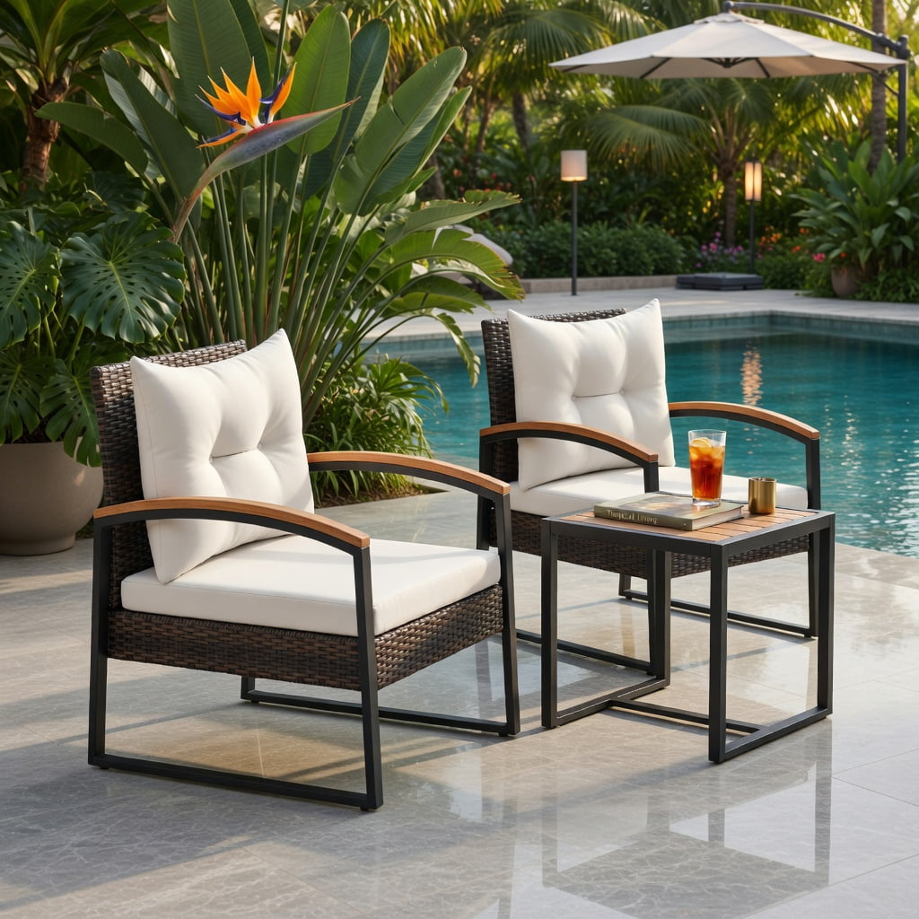 Hommoo 3-Piece Outdoor Patio Conversation Set, Acacia Wood Armrests & Tabletop, PE Rattan Chairs with Cushions, Includes Square Coffee Table, White