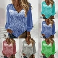 thumbnail image 3 of CENL Women V-neck Sequin Long Sleeved Shirt Solid Color Loose Blouse Top Streetwear, 3 of 9