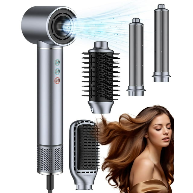 Secador de pelo Dryhsip 5 en 1 con aire caliente, rizador, voluminizador y alisador: secado rápido, volumen, alisado iónico, motor de 110 000 RPM (azul acero).
