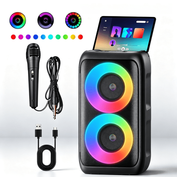 Bluetooth karaoke speaker with wired & wireless microphone, portable LED stereo speaker, large audio system, ideal for outdoor square dancing