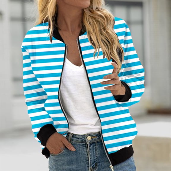 PNTUTB Women's Fashion Casual Fine Striped Print Zipper Long Sleeve Jacket with Pockets