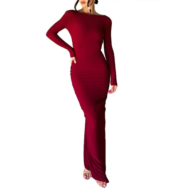 SUNSIOM Robe Longue Moulante pour Femmes Couleur Unie Col en V Profond Froncée Manches Longues Élégante Ajustée Soirée Club Robe d'Été