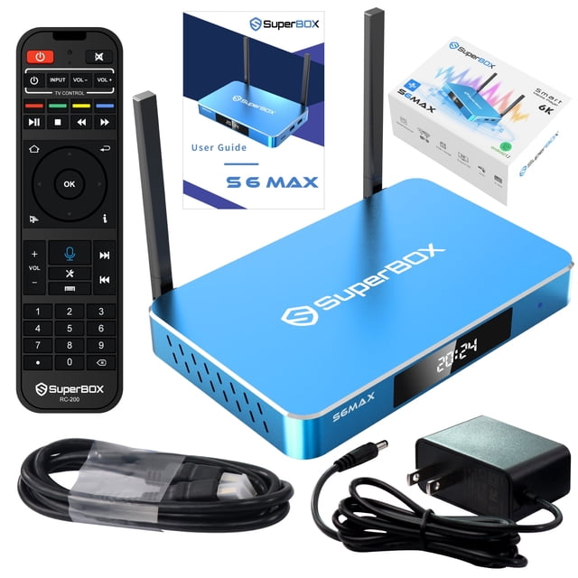 S6 MAX SuperBox Entièrement Chargé, 4gb RAM+64GB Stockage, Système de Contrôle Vocal Intégré, WiFi Double Bande, 2t2r, Lot de 2025, Inclut Guide de Configuration Détaillé, avec Canaux Gratuits, Support Téléphonique