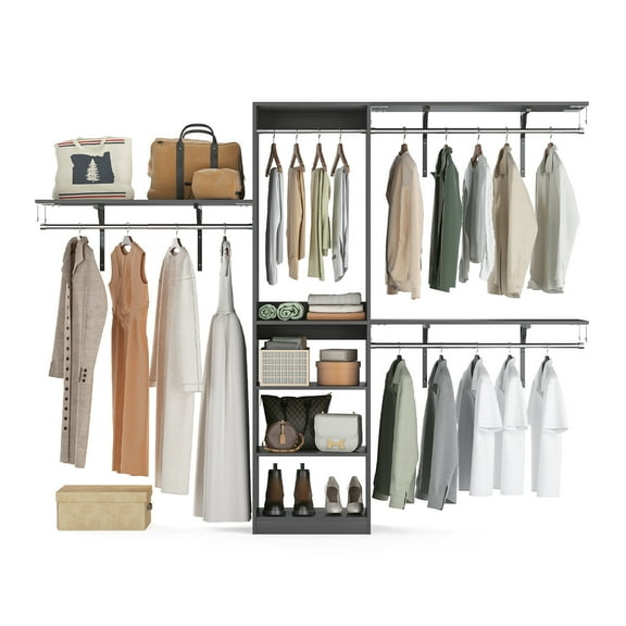 MAYEERTY Gray 96*16*75" Heavy Duty Wood Closet Organizer, 4 Rods & 5 Shelves, Fits 5-10 ft Spaces